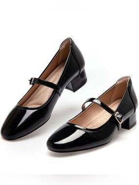 Mary Jane Black Dress Shoes Pumps Women Low Heel Comfortable 2 Inch Shiny